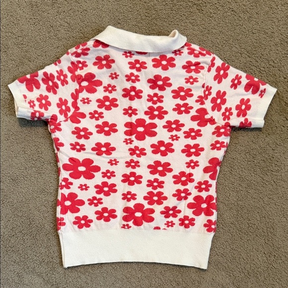 Women's Floral Polo Sweater - Red and White Daisy Design - Picture 5 of 5